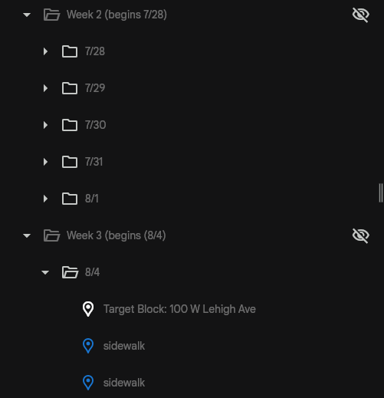 Google Earth Project folder structure used for nightly data collection on Peace Patrol, with weekly and daily folders containing Target Block and observation pins. 
