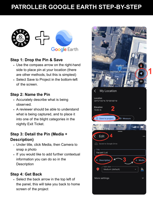 A step-by-step data collection process guide used for patroller onboarding, containing screenshots from the Google Earth mobile app.