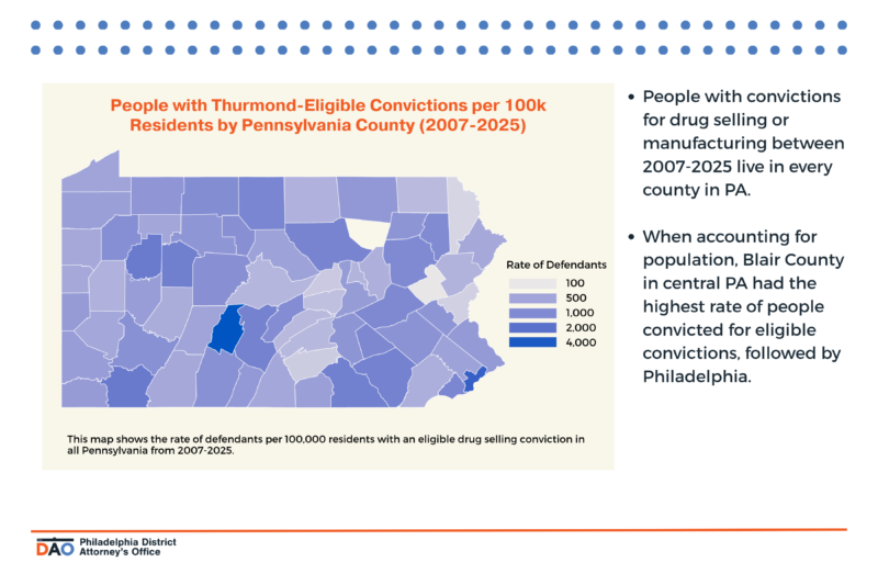 This map shows the rate of defendants per 100,000 residents with an eligible conviction in all Pennsylvania from 2007-2025.
